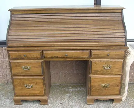 Vintage modern era roll top desk solid wood circa 1970s