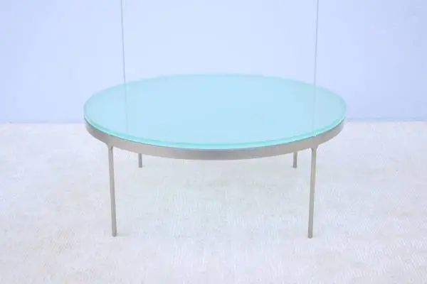 Vintage Minimalist Nicos Zographos Round Glass and Steel Coffee Table