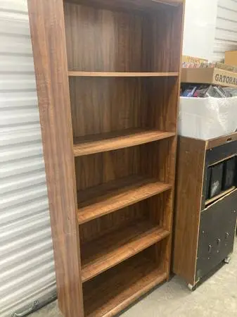Bookcase,walnut finish,5 shelf,clean,help deliver.