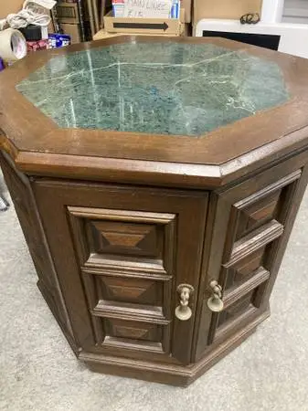 End/side table,vintage solid Mahogany,2 door,Marble inlay,hlip dlvr.