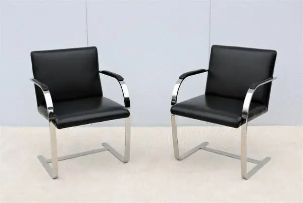 Mid-Century Mies van der Rohe Black Leather Brno Flat Bar Chairs, Pair