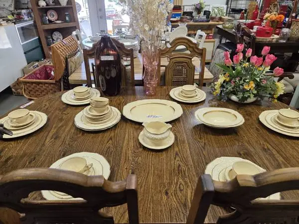 Vintage Wood Dining Table with Six Padded Chairs