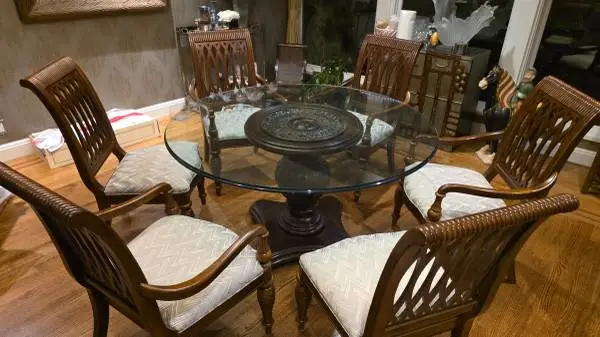Thomasville Solid Mahogany Glass-Top Dining Set — Table + 6 Chairs