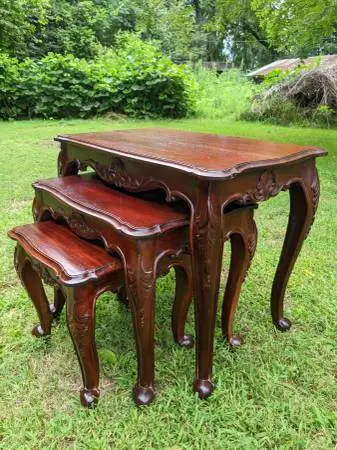 3 Nesting Tables: Queen Anne Solid Cherry Wood Cabriolet Legs Carved
