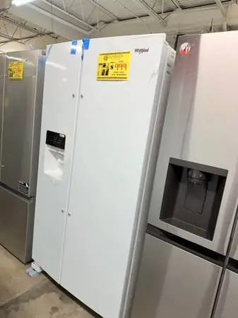 NEW OPEN BOX WHITE WHIRLPOOL SIDE BY SIDE FRIDGE