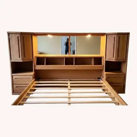 Queen Headboard Lighted Wall Bed Unit With Armoire Nightstands and