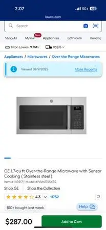 GE Over the Range Microwave 1.7 cu. ft. 30 300 CFM Ventilation GE JVM6175SKSS