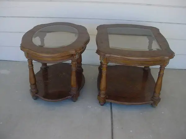 2 end tables smoked beveled edge glass inlay