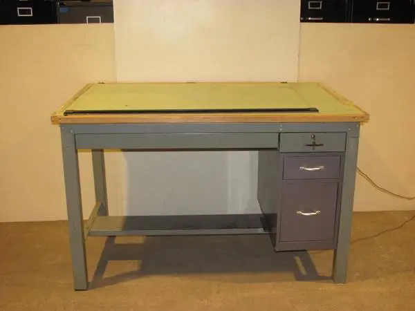 Vintage Stacor drafting table desk, metal base, 2 drawers plus cabinet