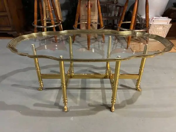 1996 LABARGE NO. TR81 OVAL BRASS & GLASS COFFEE TABLE, H’WOOD REGENCY,
