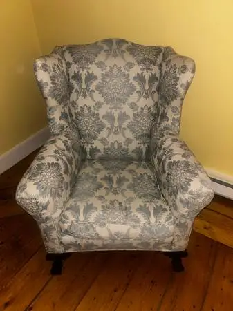 Vintage Wingback Armchair — Custom Reupholstered | Blue & Cream Damask | Carve