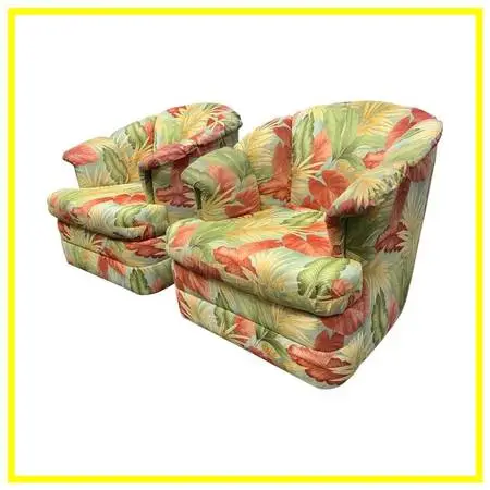 Yum Yum Tree Botanical Print Swivel Chairs, Pair. Estimated Price: $4,