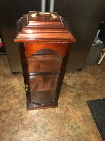 small wood curio cabinet floor or wall mount metal handle glass sides