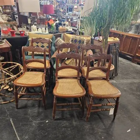 6 Antique Carved Wood Ladder Back Cane Seat Dining Chairs