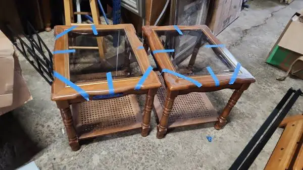 2 Vintage Wood, Glass, & Rattan Bottom End Tables