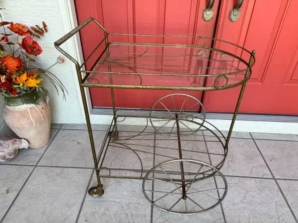 Vintage tea bar serving cart trolly w glass shelf