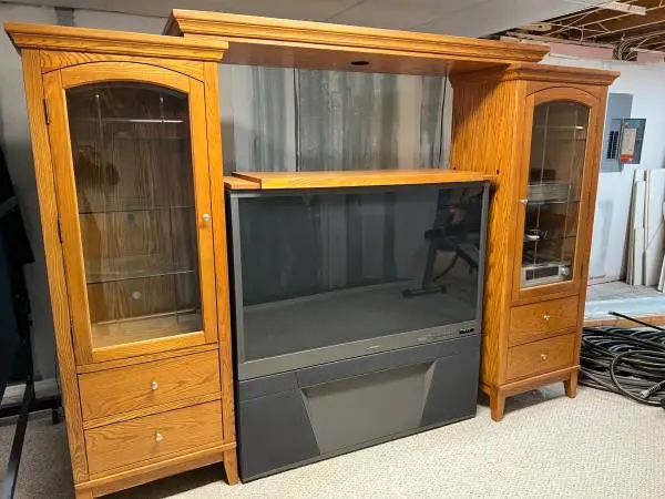 Solid Oak Display Cabinets w/ Entertainment Center shelf & bridge