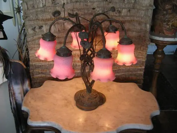 Vintage Unique Metal Leaf Lamp with 6 Lavender Glass Shades