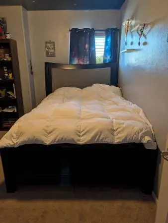 Queen contemporary bed frame, dresser, and box spring