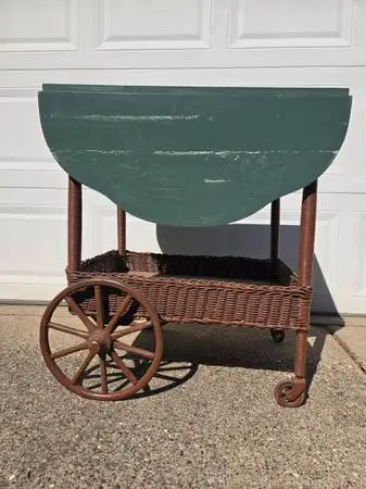 Antique Wicker and Wood Serving Cart