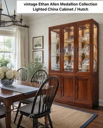 vintage Ethan Allen Medallion Collection Lighted China Cabinet / Hutch