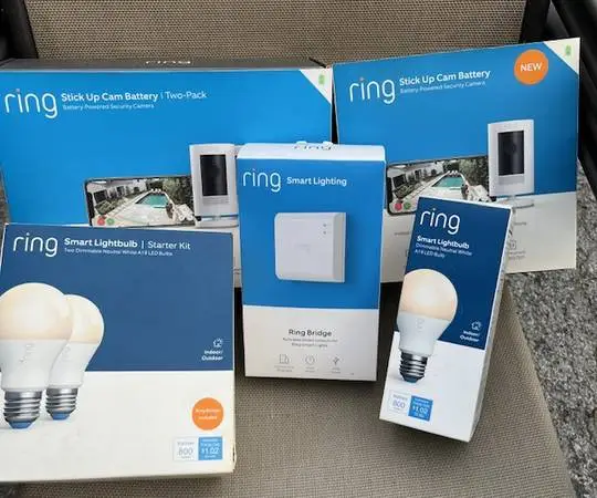 3 Ring Security Cameras with Bridge and 5 Ring Smart Lightbulbs