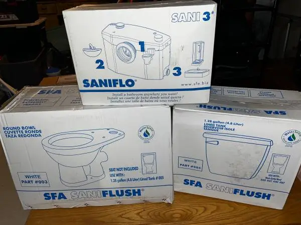 Brand New Saniflo Sani 3 Upflush Toilet Kit & Glacier Bay Pedestal Sin