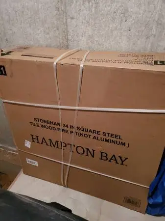 Hampton Bay Stoneham 34 in. x 15.5 in. Square Steel Wood Fire Pit with Tile Top