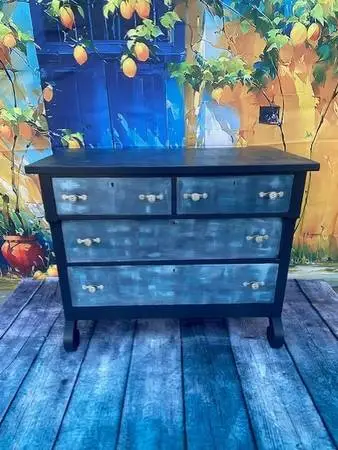 Dresser Four Drawer Vintage Hand Painted Distressed Blue Denim/Linen