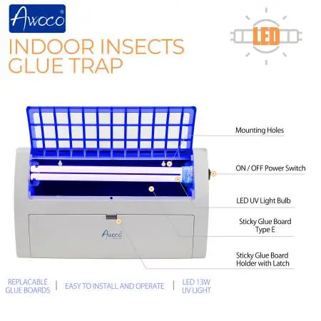 Refurbished Awoco Quiet 13W LED UV Fly Trap For Restaurant 1650Sq Ft