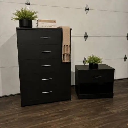 Modern Black Dresser & Nightstand Set w/ Silver Knobs