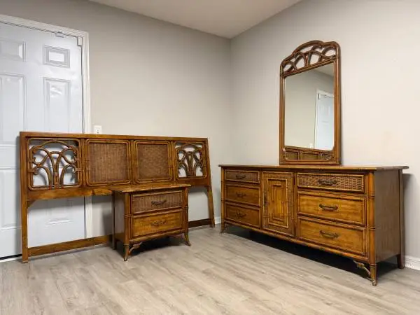 Vintage mid century modern faux bamboo rattan bedroom set dresser