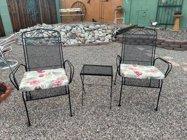 Three Piece Bistro Patio Balcony Two Wrought Iron Chairs/Table