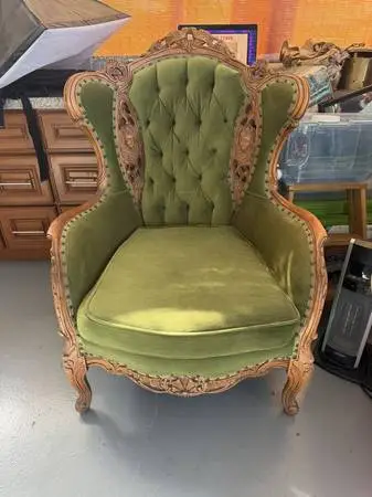 Antique Victorian Style Carved Wood Green Velvet Wingback Chair