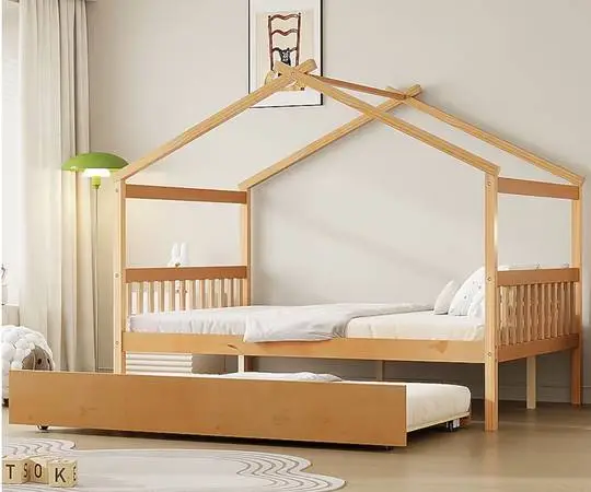 Streamdale Wooden House Twin Bed With Twin Trundle Natural
