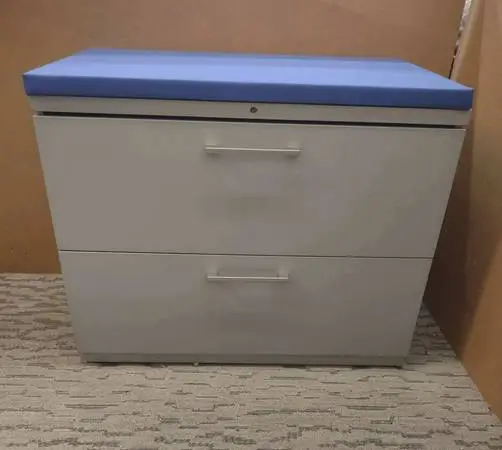 2 Drawer Gray 36w Lateral file cabinet w/ Blue Cushion & File Folders