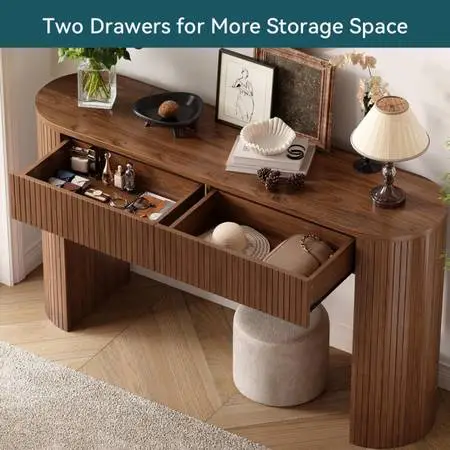 Console Table, Narrow Entry Table with Storage, 55 Inch Fluted Oval Entryway Tab