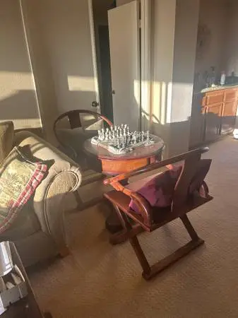 CHESS TABLE, 2 ARM CHAIRS, CHESS SET