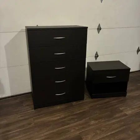 Modern Black Dresser & Nightstand Set w/ Silver Knobs