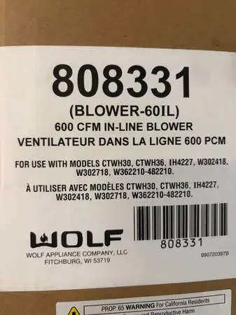 WOLF 600cfm INLINE BLOWER #808331 FOR HOOD VENTS, w install manual/har