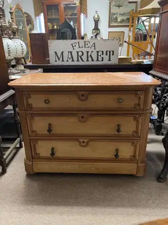 Antique Marble Top Oak Wood Dresser, Circa 1900, Cove and Pin Joint
