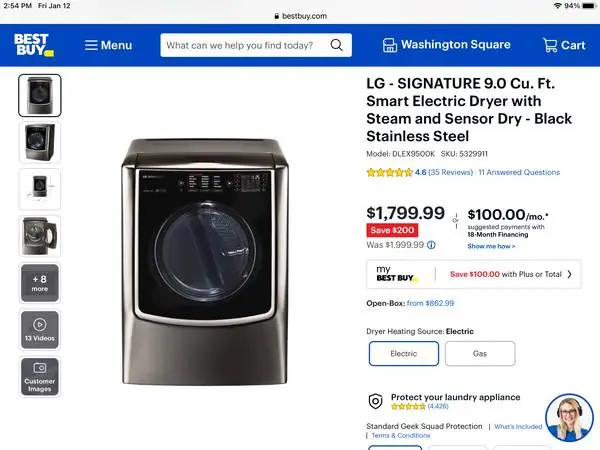 New in box LG Signature 9.0 cu. ft. Smart Electric Dryer/ Black SS