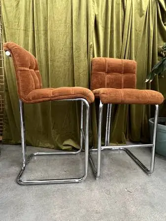 1970s Vintage Daystrom Burnt Orange Velvet and Chrome Bar Stool Chairs