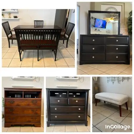 Dresser, bench, dining table, media chest