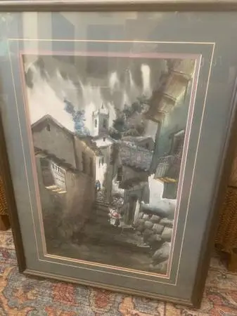 Peruvian Street Scene Original Watercolor Painting Custom Framed
