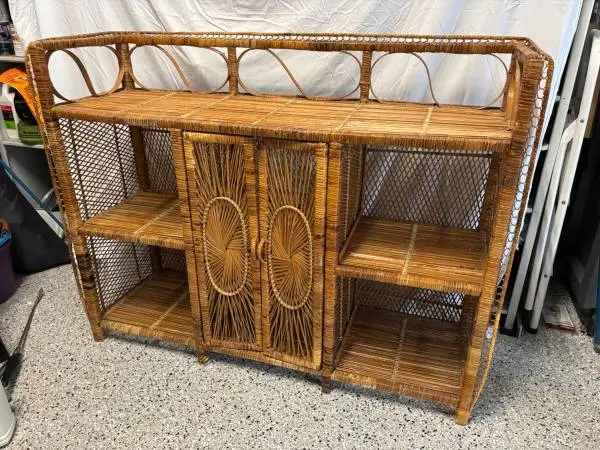 Vintage Rattan/Wicker Sunburst Open Credenza