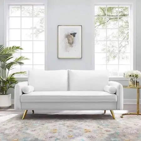 Modway Revive Sofa in White Velvet on Gold Legs