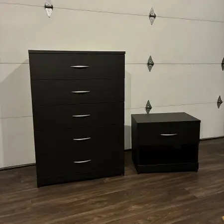 Modern Black Dresser & Nightstand Set w/ Silver Knobs