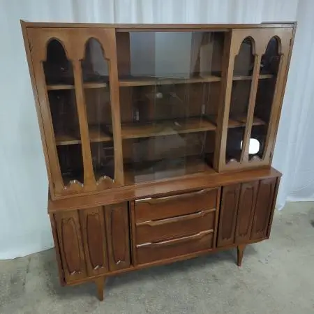 Vintage MCM Coffey Style Walnut Buffet & Hutch w/Sculptural Accents