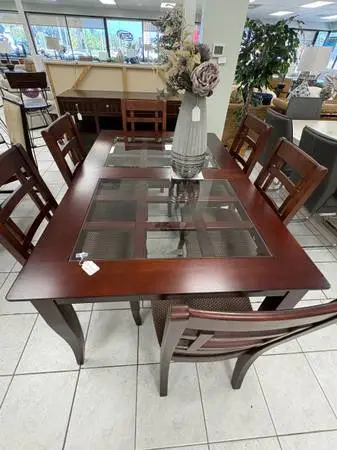 Wood & Glass Table and 6 Chairs and one Leaf